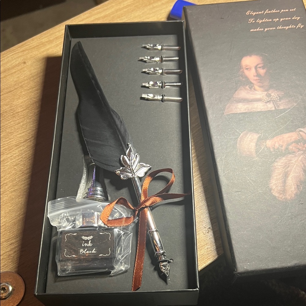 Black Feather Quill Pen Set with Ink